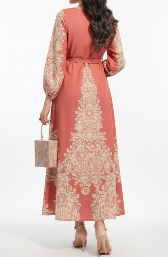 Vestido largo coral con manga larga y estampado: Paquete mayoreo de 3 piezas