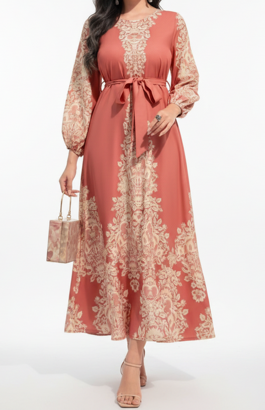 Vestido largo coral con manga larga y estampado: Paquete mayoreo de 3 piezas