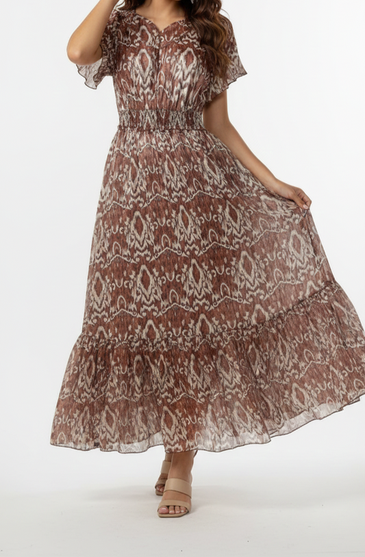 Vestido largo café con cintura: Paquete mayoreo 3 piezas