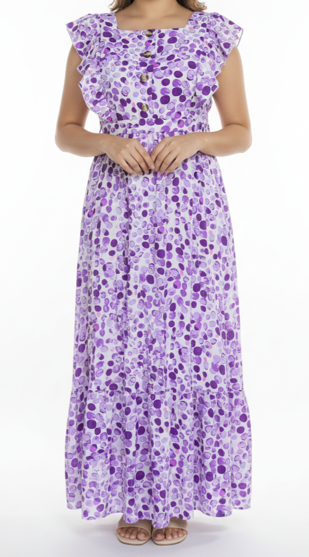 Vestido largo con estampado de bolas moradas: Paquete mayoreo 3 piezas