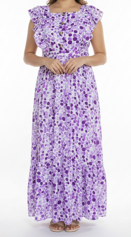 Vestido largo con estampado de bolas moradas: Paquete mayoreo 3 piezas